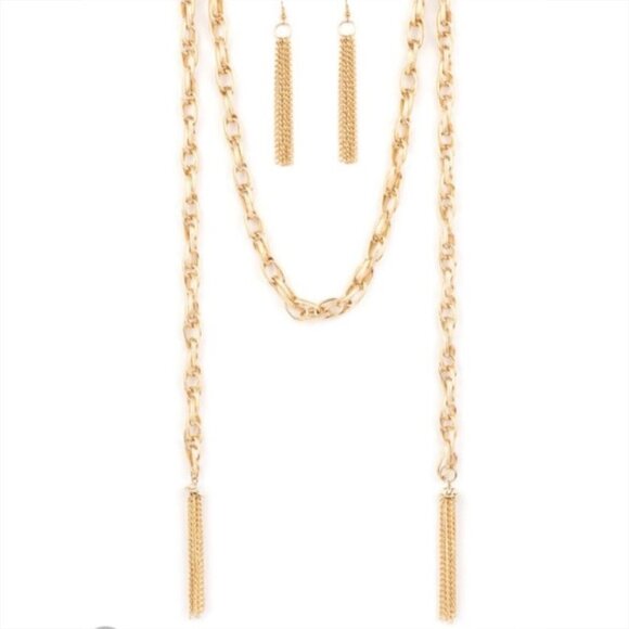 paparazzi Jewelry - Paparazzi Gold-Tone Chain Earrings and Scarf Necklace Set